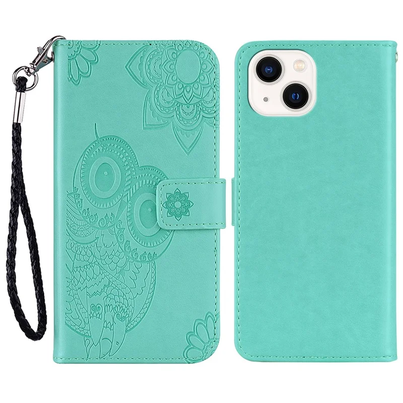 Für iPhone 15 Hülle Eule Muster PU Leder Ständer Brieftasche Flip Handyhülle - Cyan