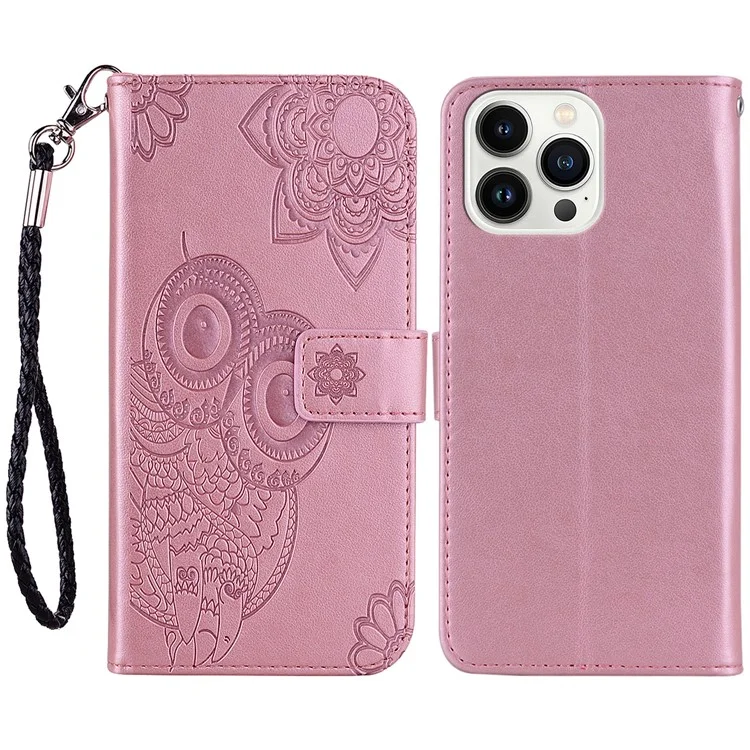 Coque pour iPhone 15 Pro Max en cuir PU avec support Hibou imprimé - Couverture de portefeuille pour téléphone - Or rose