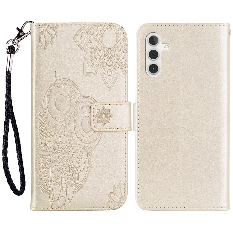 For Samsung Galaxy A15 4G Case Leather Wallet Owl Flower Imprinted Cell Phone Cover - Gold