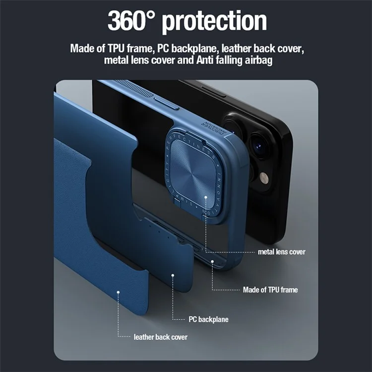 NILLKIN CamShield Prop For iPhone 15 Pro Max Étui de protection pour l'appareil photo Couverture en cuir PU + PC + TPU - Bleu