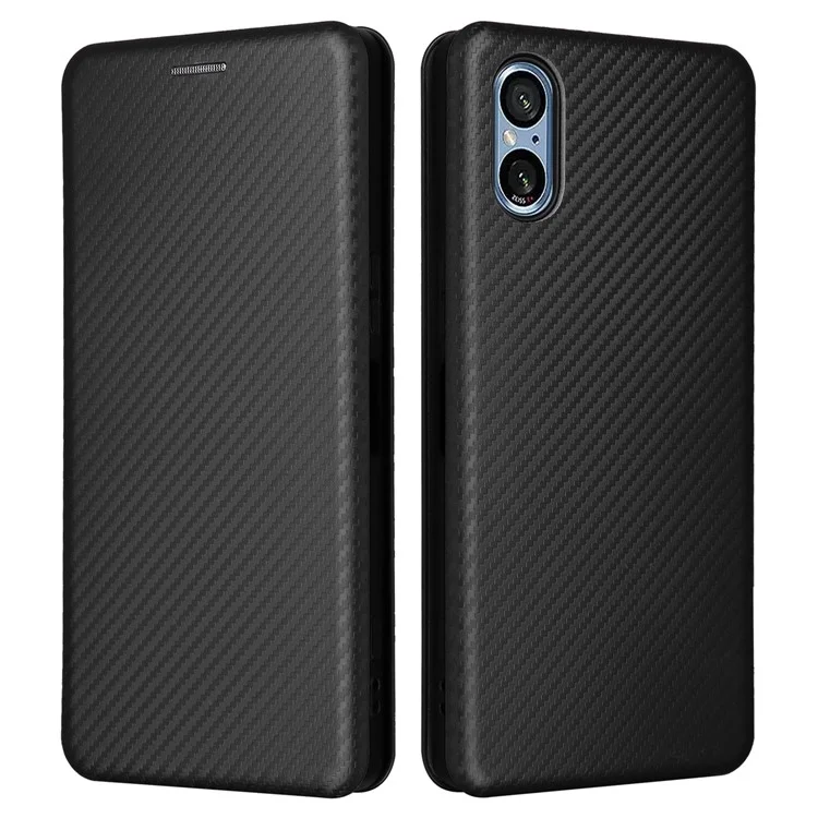 For Sony Xperia 5 V Case Carbon Fiber Texture Anti-drop Card Holder PU Leather Phone Shell - Black