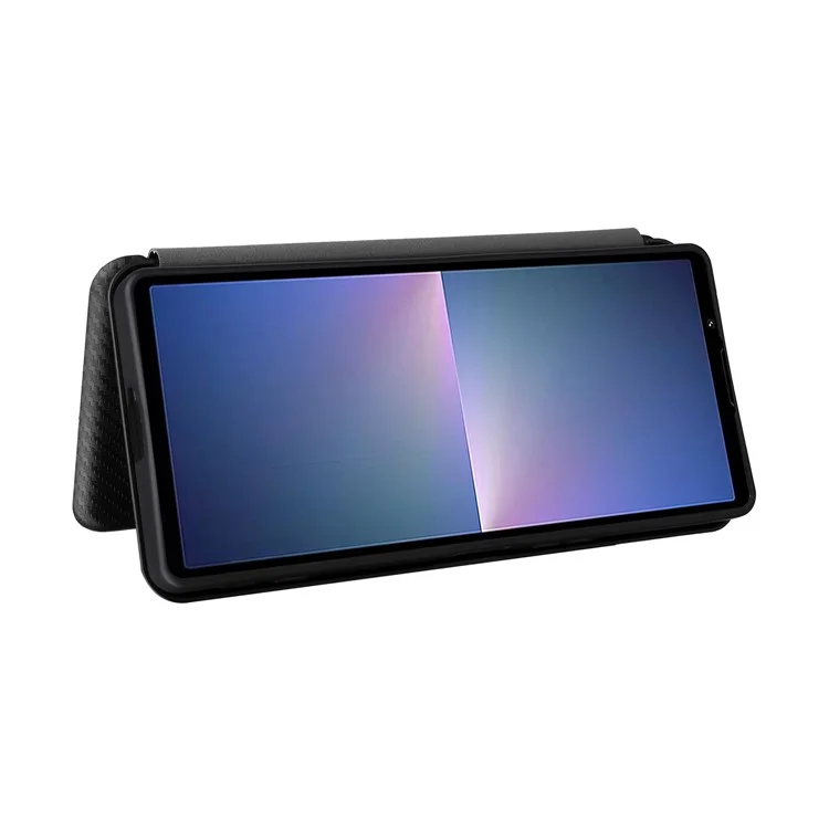 For Sony Xperia 5 V Case Carbon Fiber Texture Anti-drop Card Holder PU Leather Phone Shell - Black