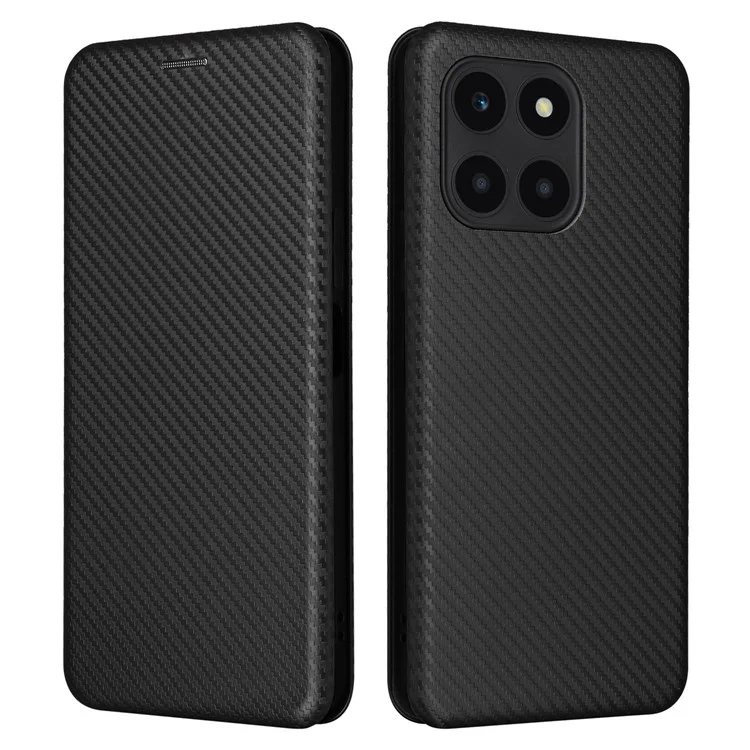 For Honor X6a 4G Case Card Holder Fall Proof Carbon Fiber Texture Leather Cover - Black