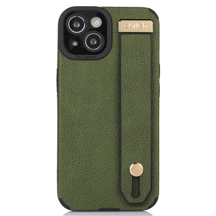 Étui pour iPhone 13 avec support, sangle de poignet, texture en cuir PU + couverture de téléphone TPU - Vert