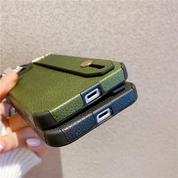 Étui pour iPhone 13 avec support, sangle de poignet, texture en cuir PU + couverture de téléphone TPU - Vert