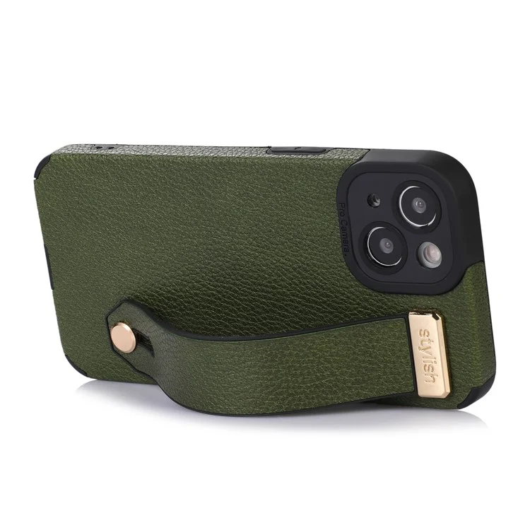 Étui pour iPhone 13 avec support, sangle de poignet, texture en cuir PU + couverture de téléphone TPU - Vert