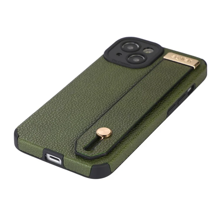 Étui pour iPhone 13 avec support, sangle de poignet, texture en cuir PU + couverture de téléphone TPU - Vert