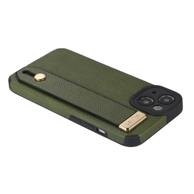 Étui pour iPhone 13 avec support, sangle de poignet, texture en cuir PU + couverture de téléphone TPU - Vert