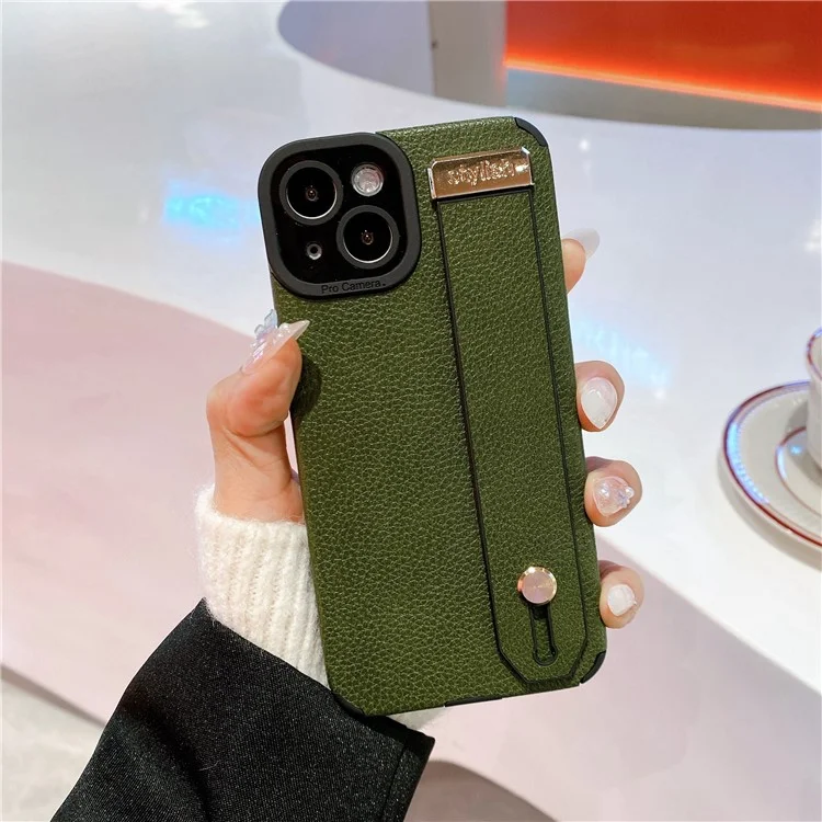 Étui pour iPhone 13 avec support, sangle de poignet, texture en cuir PU + couverture de téléphone TPU - Vert