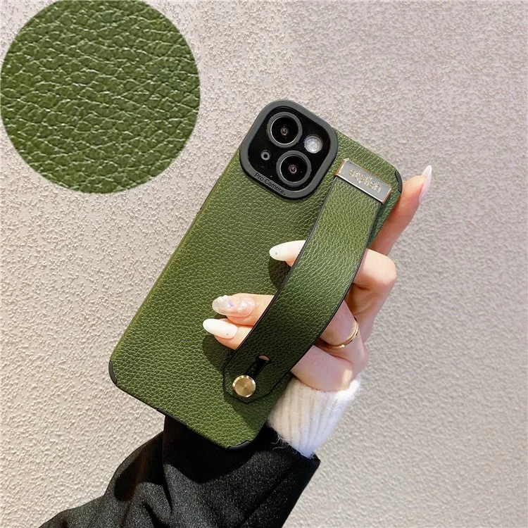 Étui pour iPhone 13 avec support, sangle de poignet, texture en cuir PU + couverture de téléphone TPU - Vert