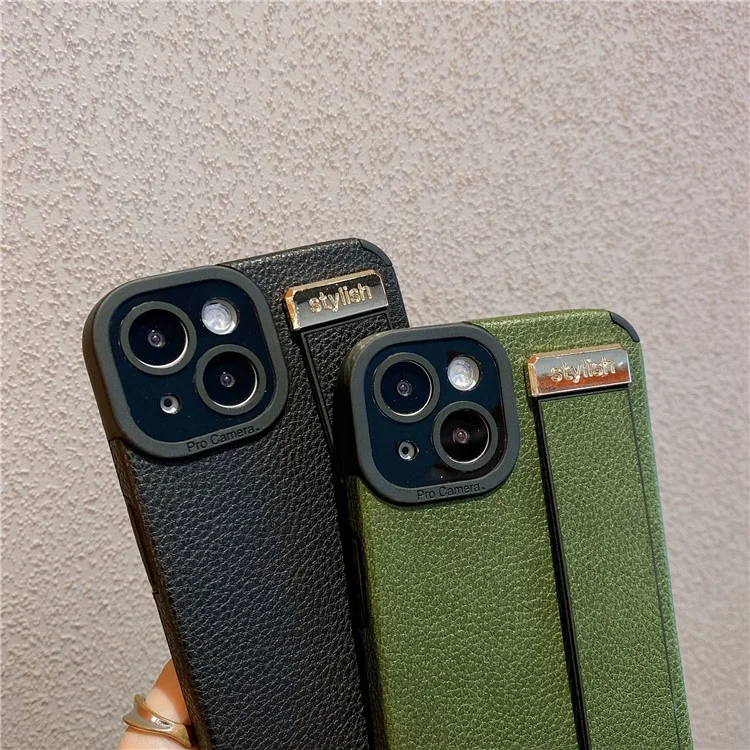 Étui pour iPhone 13 avec support, sangle de poignet, texture en cuir PU + couverture de téléphone TPU - Vert