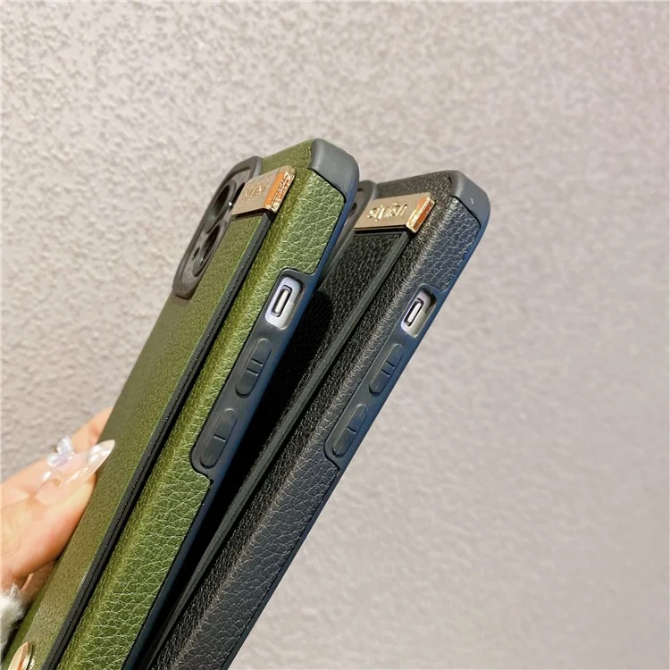 Étui pour iPhone 13 avec support, sangle de poignet, texture en cuir PU + couverture de téléphone TPU - Vert