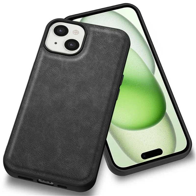 For iPhone 15 Plus Shockproof Case PU Leather+TPU+PC Phone Cover Retro Phone Shell - Black