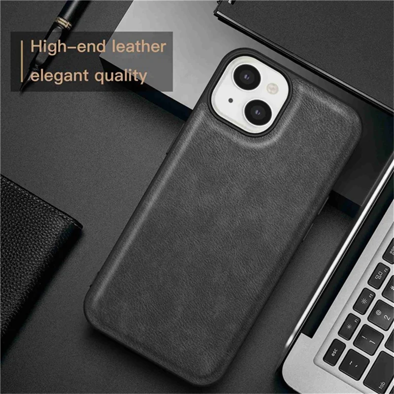 For iPhone 15 Plus Shockproof Case PU Leather+TPU+PC Phone Cover Retro Phone Shell - Black