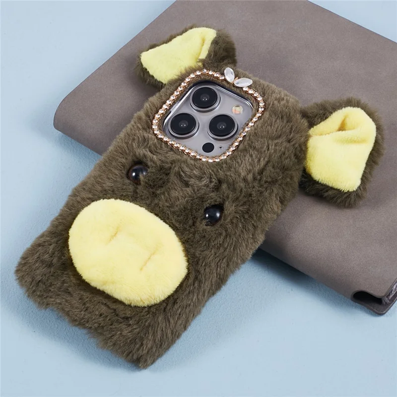 For iPhone 15 Pro Max Case Cute Pig Design Plush + TPU Soft Anti-drop Phone Cover - Green