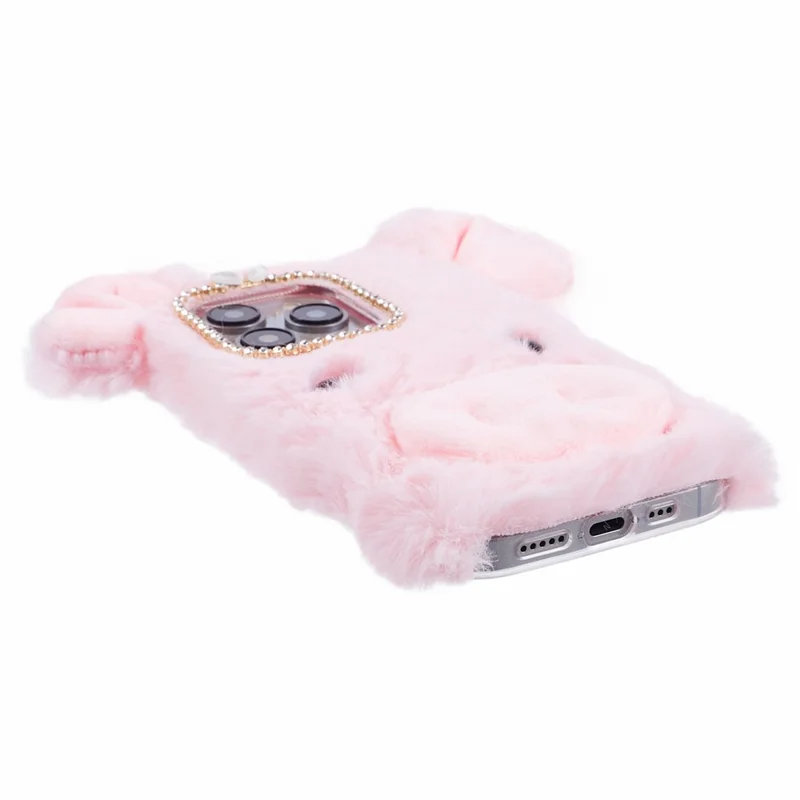For iPhone 15 Pro Case Cute Pig Plush + TPU Shockproof Phone Cover - Pink