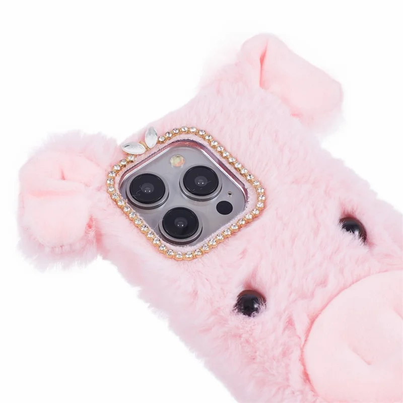 For iPhone 15 Pro Case Cute Pig Plush + TPU Shockproof Phone Cover - Pink