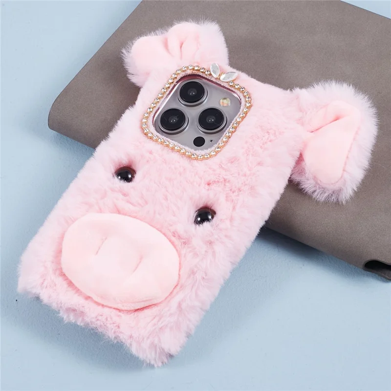 For iPhone 15 Pro Case Cute Pig Plush + TPU Shockproof Phone Cover - Pink
