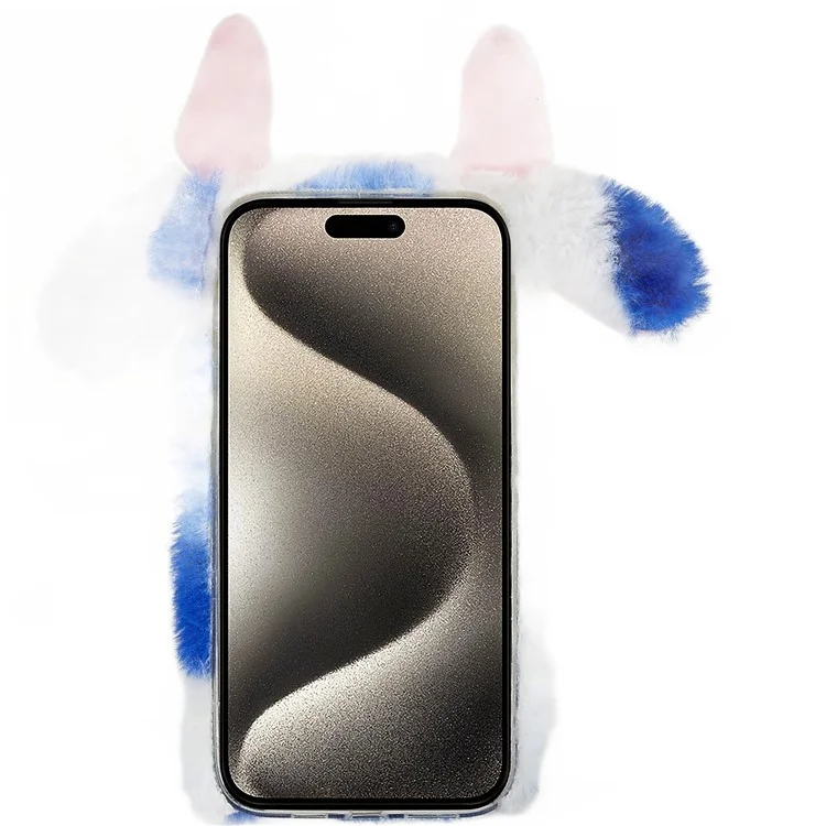 Для iPhone 15 Pro Max Plush Phone Case Milk Cow Ear Soft TPU Winter Warm Cover - Blue