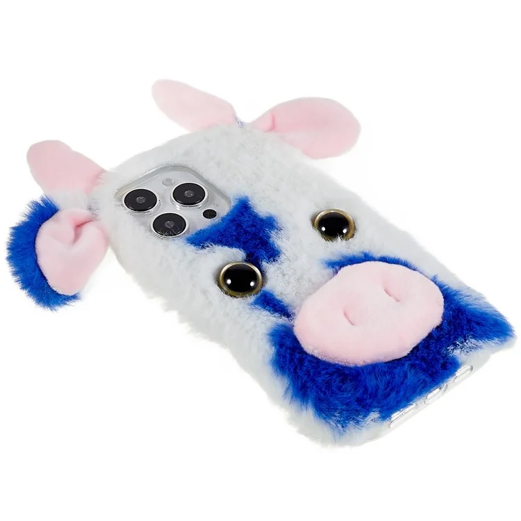 Для iPhone 15 Pro Max Plush Phone Case Milk Cow Ear Soft TPU Winter Warm Cover - Blue