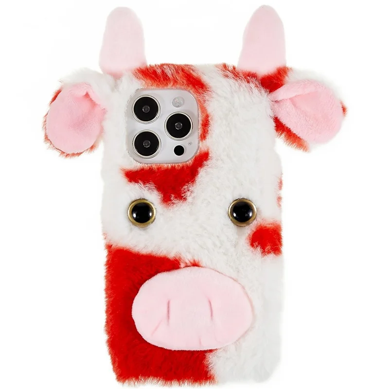 For iPhone 15 Pro Max Plush Phone Case Milk Cow Ear Soft TPU Winter Warm Cover - Red