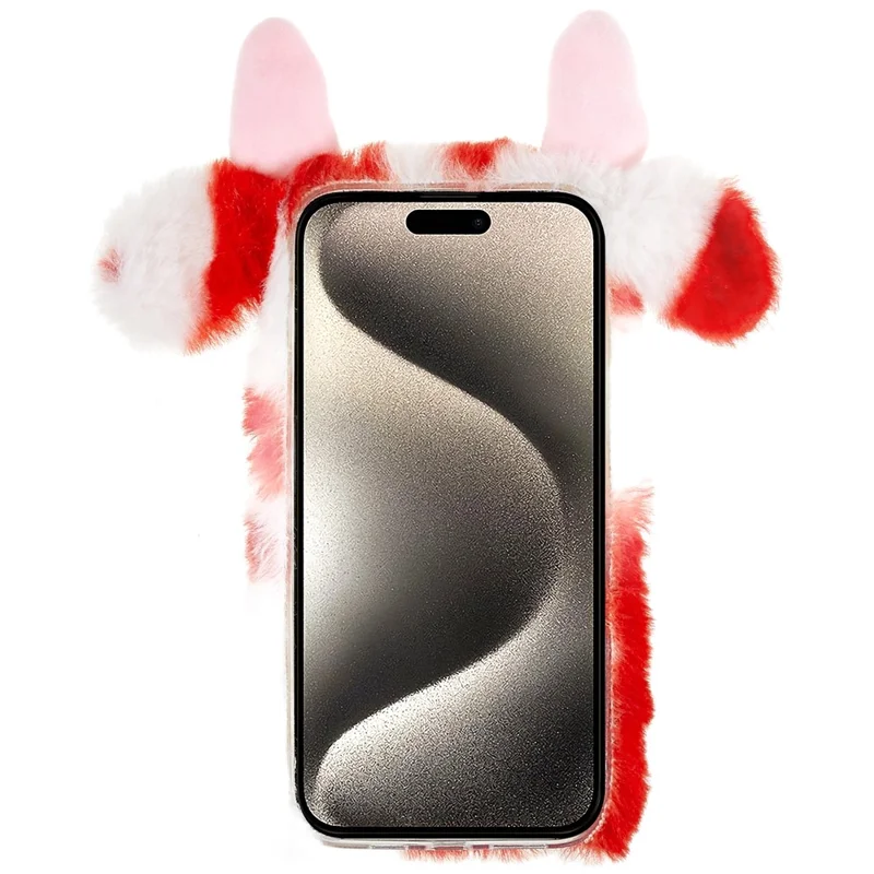 For iPhone 15 Pro Max Plush Phone Case Milk Cow Ear Soft TPU Winter Warm Cover - Red