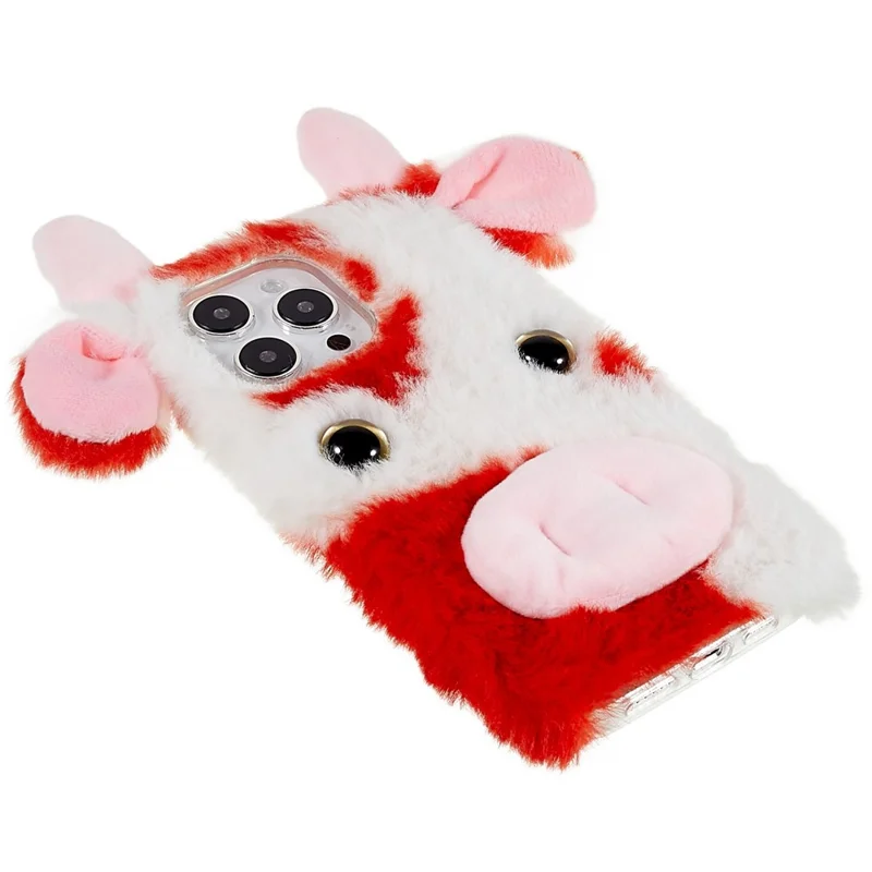For iPhone 15 Pro Max Plush Phone Case Milk Cow Ear Soft TPU Winter Warm Cover - Red