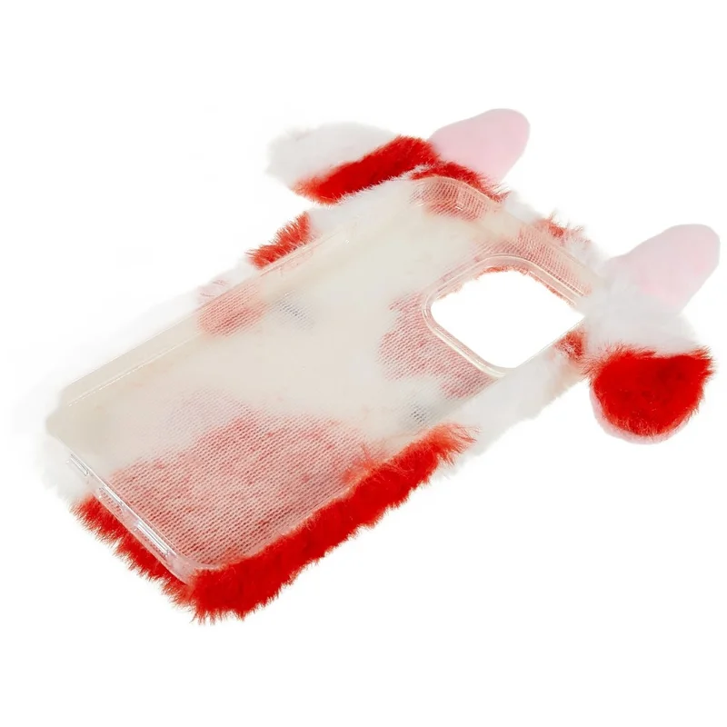 For iPhone 15 Pro Max Plush Phone Case Milk Cow Ear Soft TPU Winter Warm Cover - Red