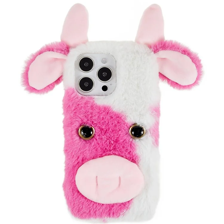 For iPhone 15 Pro Furry Plush Case Milk Cow Ear Style TPU Soft Phone Shell - Rose