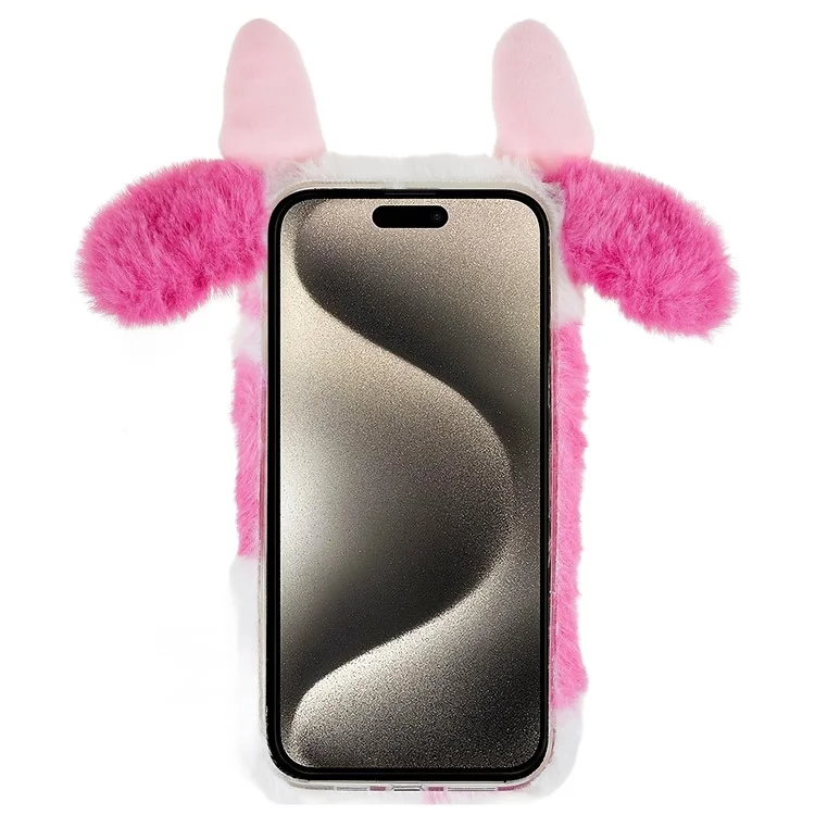 For iPhone 15 Pro Furry Plush Case Milk Cow Ear Style TPU Soft Phone Shell - Rose