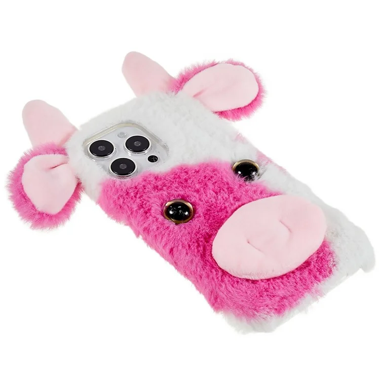 For iPhone 15 Pro Furry Plush Case Milk Cow Ear Style TPU Soft Phone Shell - Rose