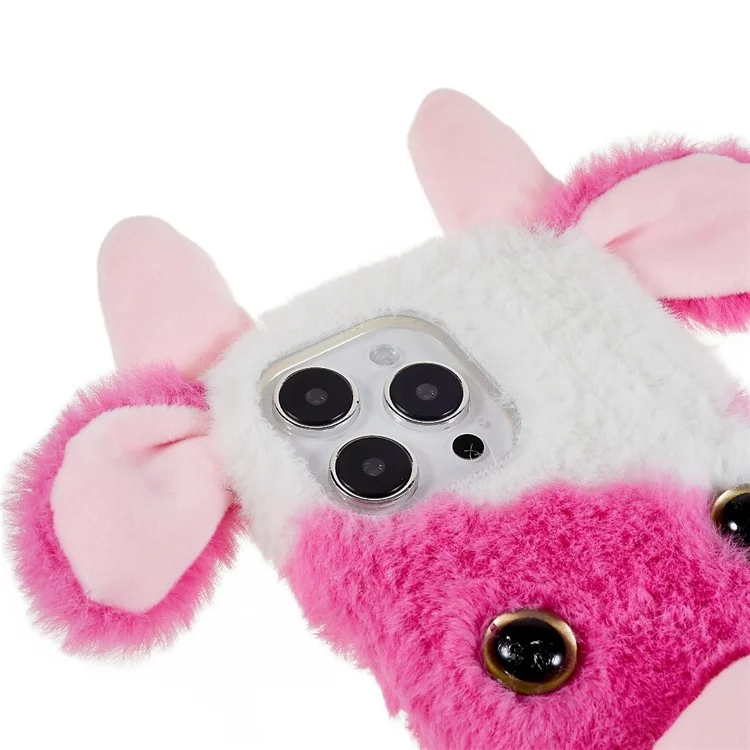 For iPhone 15 Pro Furry Plush Case Milk Cow Ear Style TPU Soft Phone Shell - Rose