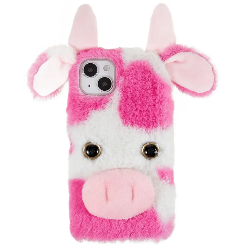 For iPhone 15 Plus TPU Case Fluffy Fuzzy Milk Cow Ear Plush Phone Cover - Rose