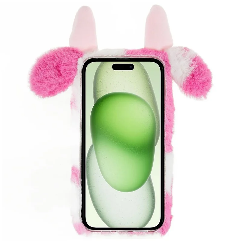 For iPhone 15 Plus TPU Case Fluffy Fuzzy Milk Cow Ear Plush Phone Cover - Rose