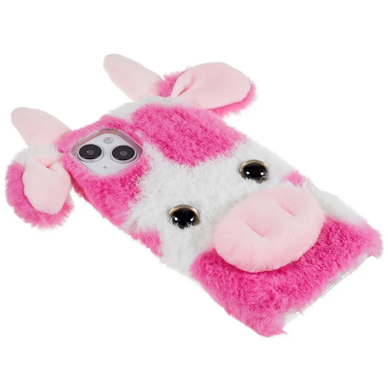 For iPhone 15 Plus TPU Case Fluffy Fuzzy Milk Cow Ear Plush Phone Cover - Rose
