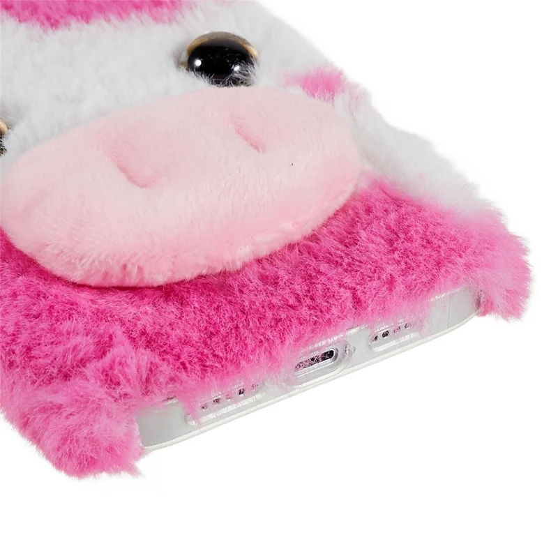 For iPhone 15 Plus TPU Case Fluffy Fuzzy Milk Cow Ear Plush Phone Cover - Rose