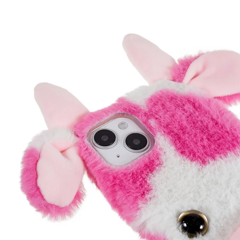 For iPhone 15 Plus TPU Case Fluffy Fuzzy Milk Cow Ear Plush Phone Cover - Rose