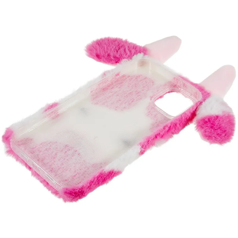 For iPhone 15 Plus TPU Case Fluffy Fuzzy Milk Cow Ear Plush Phone Cover - Rose