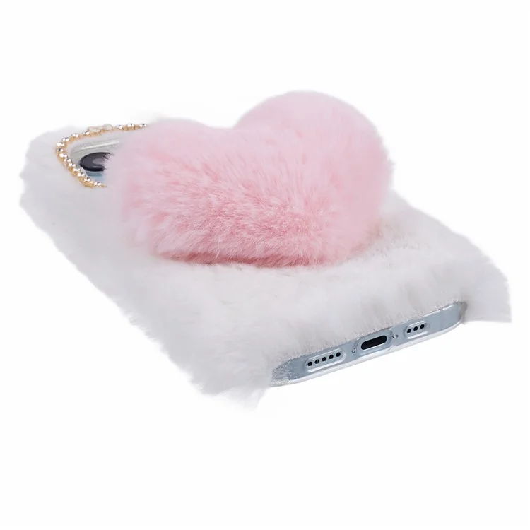 For iPhone 15 Plus Case Fluffy Plush + TPU Love Heart Design Phone Back Cover - White