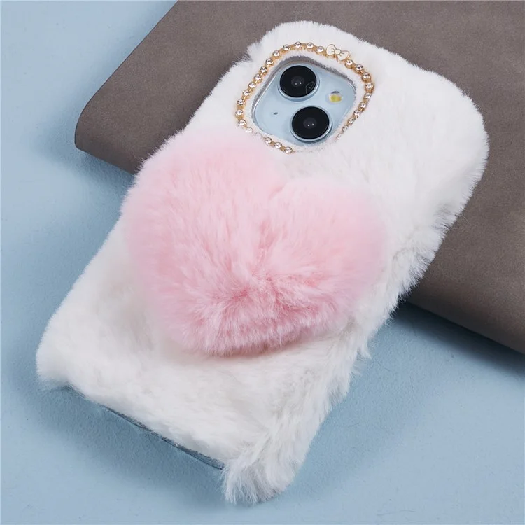 For iPhone 15 Plus Case Fluffy Plush + TPU Love Heart Design Phone Back Cover - White