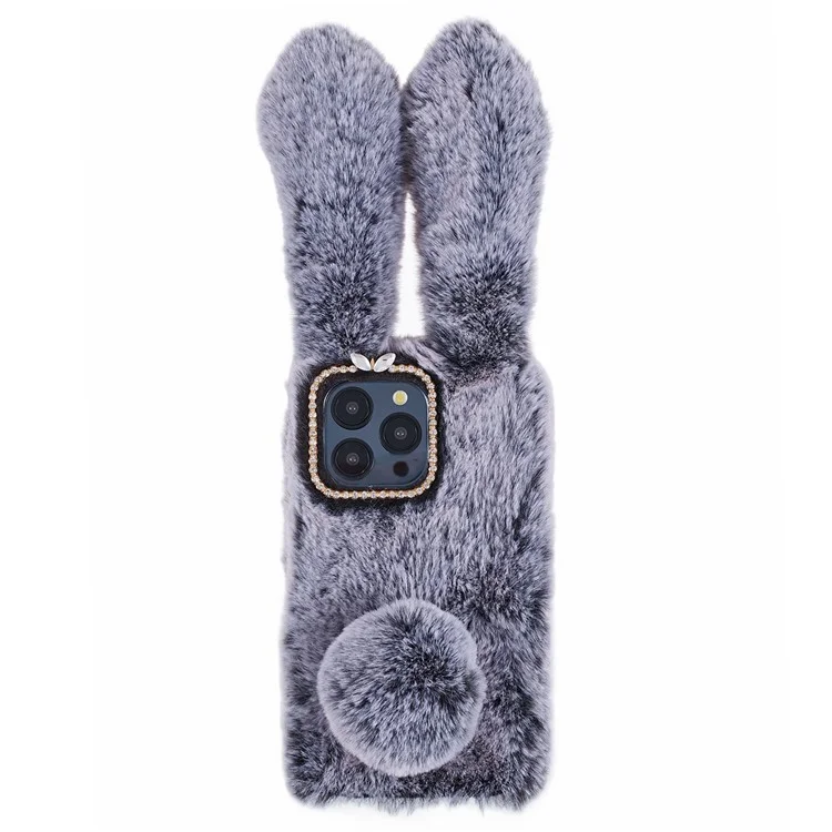 For iPhone 15 Pro Max Fluffy Furry 3D Bunny Ears Case Shockproof TPU Back Phone Cover - Dark Grey
