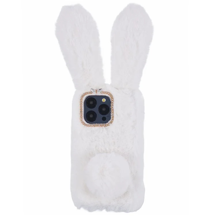 For iPhone 15 Pro Max Fluffy Furry 3D Bunny Ears Case Shockproof TPU Back Phone Cover - White