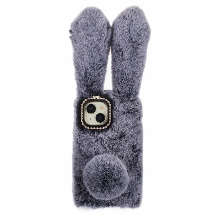 For iPhone 15 Fluffy Bunny Ear Case Flexible TPU Protective Phone Cover - Dark Grey