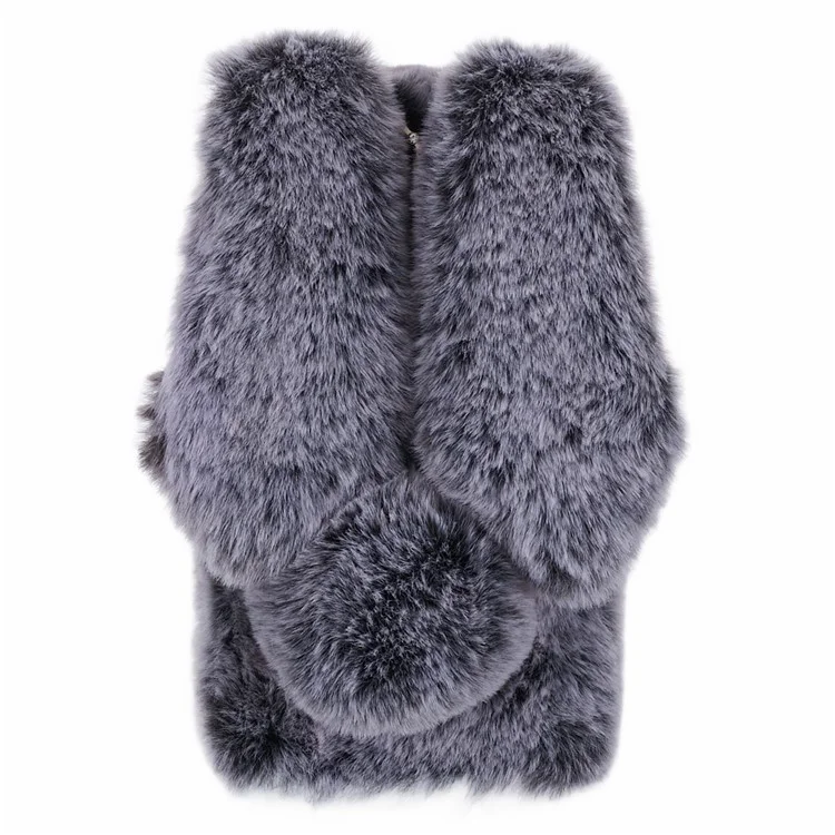 For iPhone 15 Fluffy Bunny Ear Case Flexible TPU Protective Phone Cover - Dark Grey