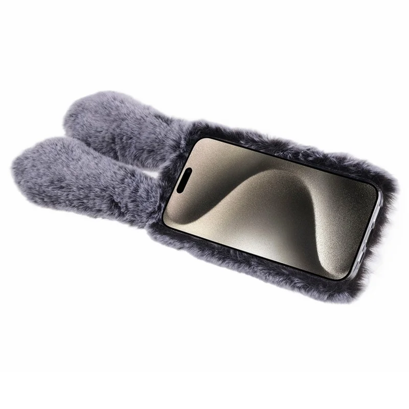 For iPhone 15 Fluffy Bunny Ear Case Flexible TPU Protective Phone Cover - Dark Grey