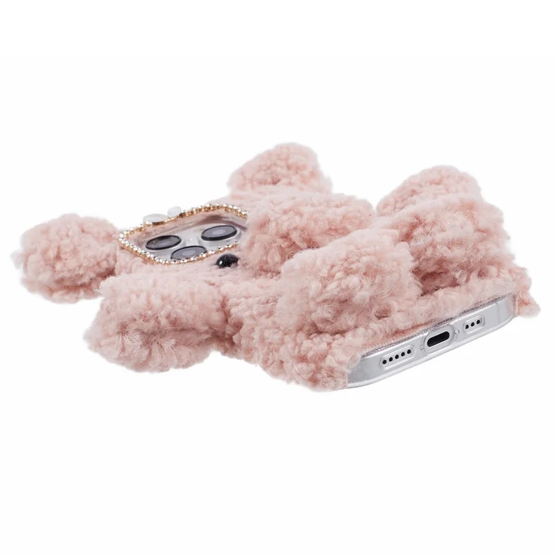 For iPhone 15 Pro 3D Bear Furry Plush Case Soft TPU Winter Warm Protective Phone Cover - Pink