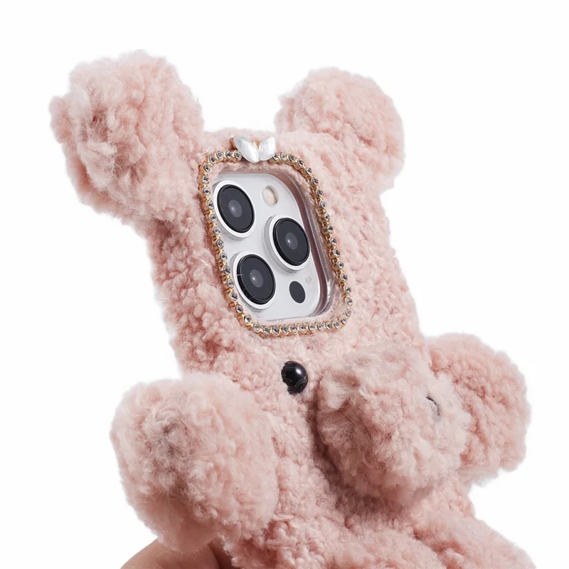 For iPhone 15 Pro 3D Bear Furry Plush Case Soft TPU Winter Warm Protective Phone Cover - Pink