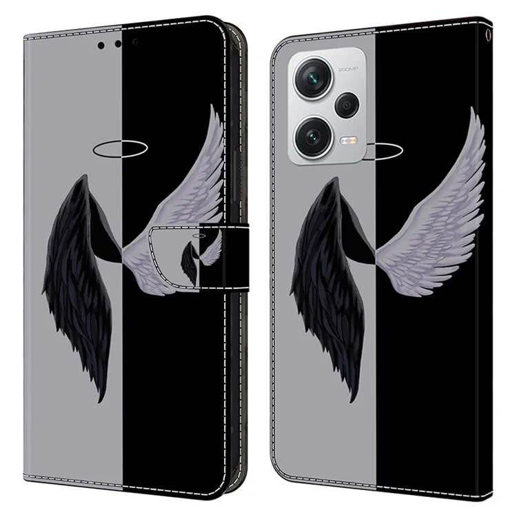 Wallet Phone Case for Xiaomi Redmi Note 12 Pro+ 5G Case Pattern Printing Leather Flip Cover - Black / White Wings