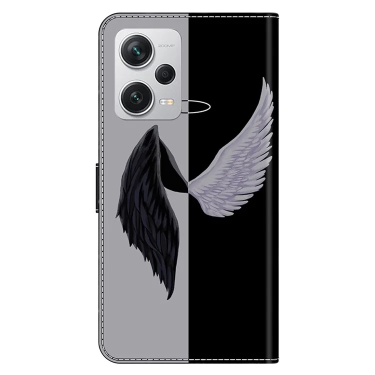 Wallet Phone Case for Xiaomi Redmi Note 12 Pro+ 5G Case Pattern Printing Leather Flip Cover - Black / White Wings