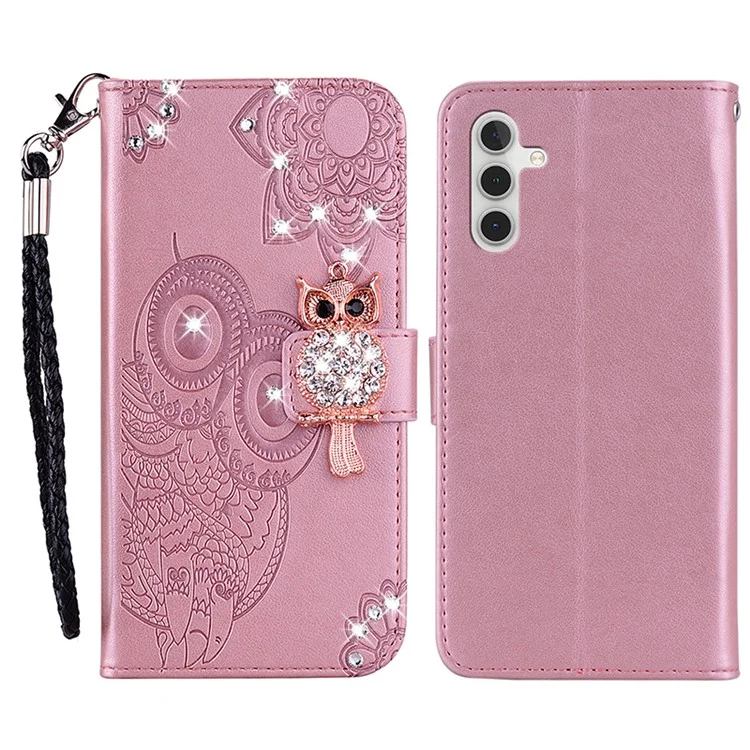 Per Samsung Galaxy A25 5G (Global) (161,0 x 76,5 x 8,3 mm) Custodia Owl Imprint Rhinestone Decor Leather Phone Wallet Cover - Rose Gold